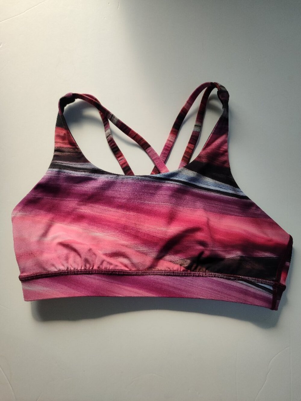 EUC Lululemon Energy Bra Strappy Back - Size 8 - Pink Purple Black Stripe